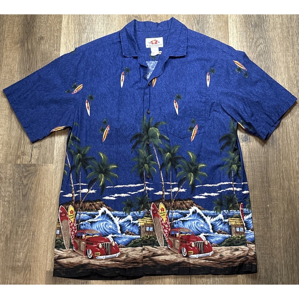 Vintage MD Fashion Hawaiian Button Down Shirt Sz L Surfing Beach Summer USA Made